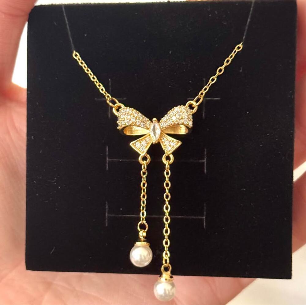 Stainless Steel Dainty Gold Bow Pearl Necklace